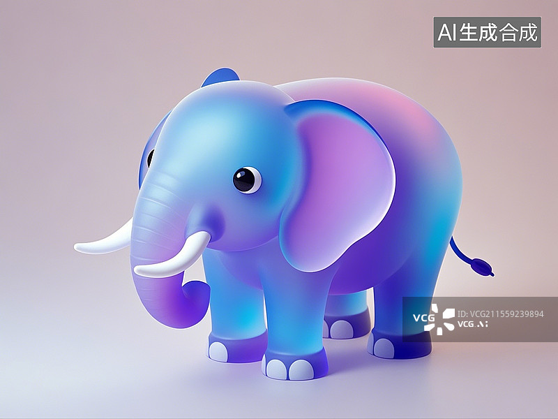 【AI数字艺术】3D渲染卡通动物，透明蓝色磨砂玻璃质感，可爱的大象，象，萌系，治愈系图片素材