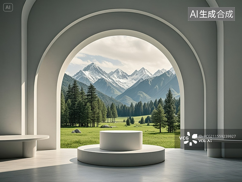 【AI数字艺术】景中雅台：拱窗框景的自然舞台图片素材