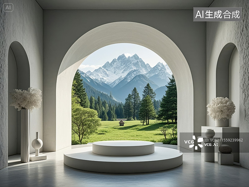 【AI数字艺术】景中雅台：拱窗框景的自然舞台图片素材