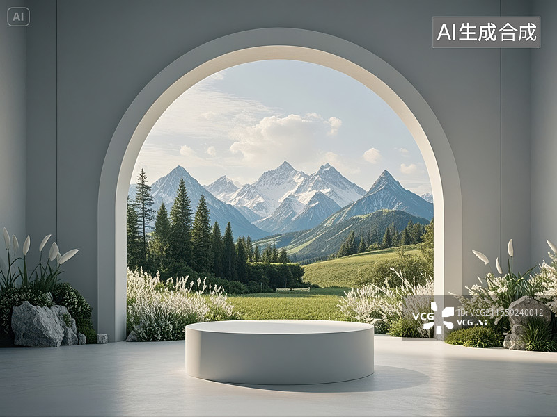 【AI数字艺术】景中雅台：拱窗框景的自然舞台图片素材