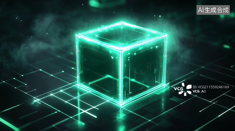 【AI数字艺术】绿色发光立方体抽象科技背景图片素材