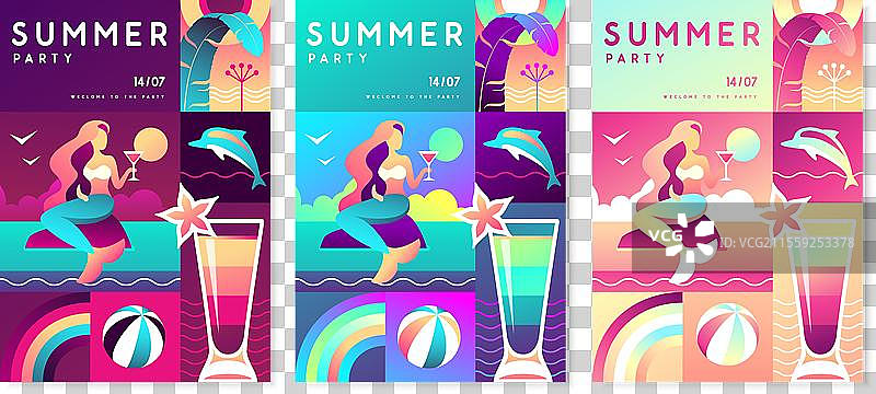 一组荧光平面夏季迪斯科派对海报图片素材