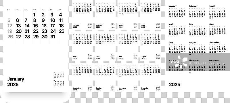2025年日历，月份从星期天开始图片素材