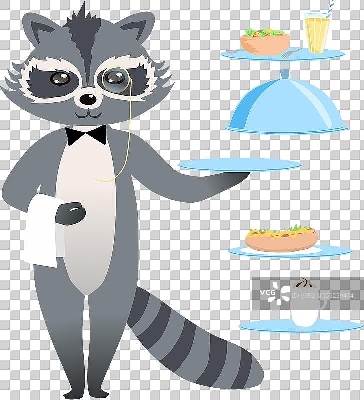 卡通浣熊服务员手持托盘和毛巾图片素材