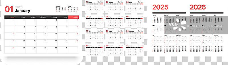 2025年日历，月份从星期天开始图片素材