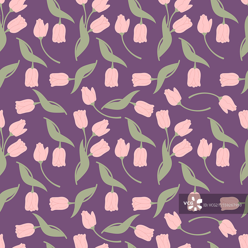紫色背景上的无缝郁金香花卉图案图片素材