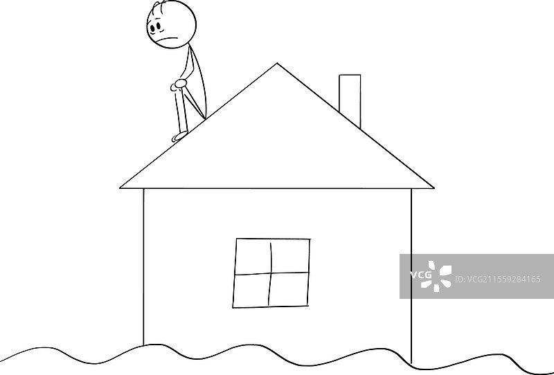 在洪水中坐在屋顶上的卡通人物图片素材