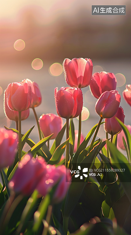 【AI数字艺术】阳光下户外盛开的粉红色郁金香特写镜头，海报背景素材图片素材