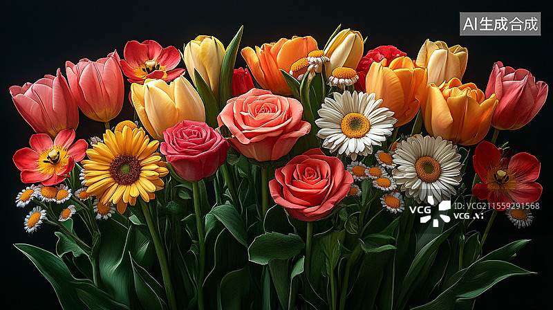 【AI数字艺术】玫瑰郁金香雏菊向日葵百合花束图片素材