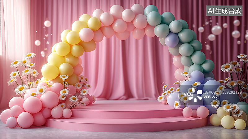 【AI数字艺术】彩色气球拱门与雏菊装饰图片素材