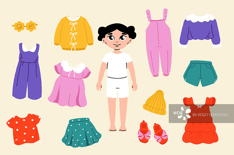 可爱的纸娃娃卡通女孩与时尚女孩图片素材