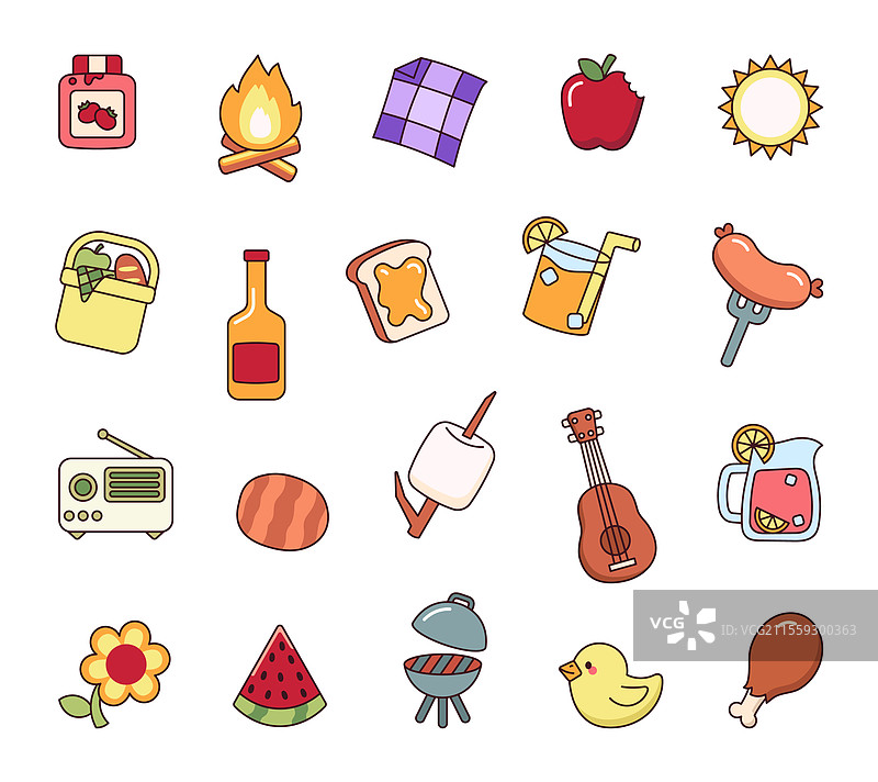 以食物为主题的野餐套装轮廓图图片素材