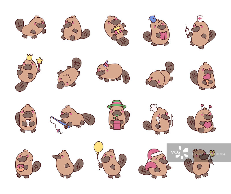 可爱的卡通角色鸭嘴兽套装图片素材