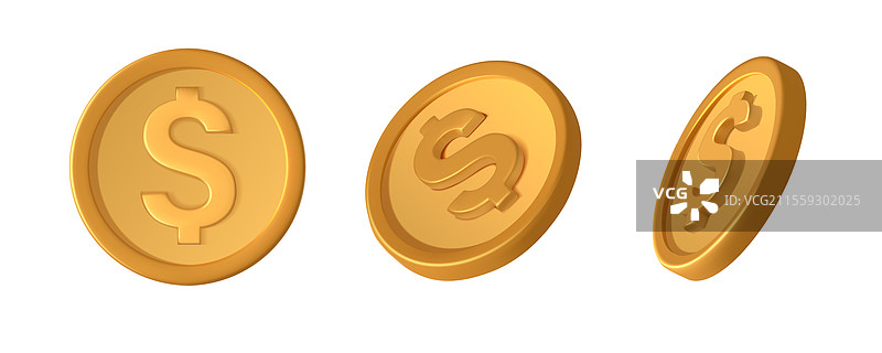 一组不同位置的金色3D硬币图片素材