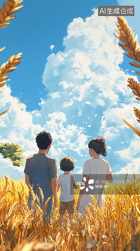 【AI数字艺术】麦田里的一家三口图片素材