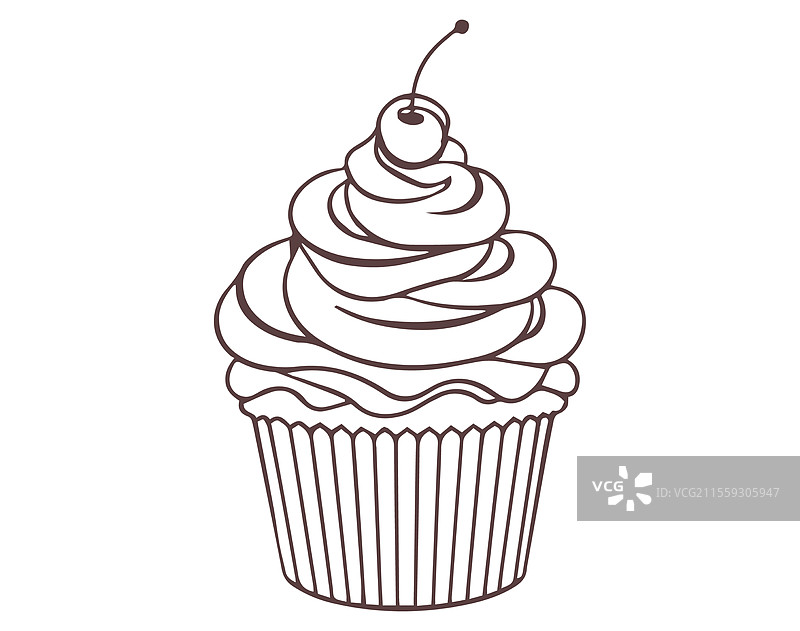 可爱的手绘杯子蛋糕，上面有糖霜和樱桃图片素材