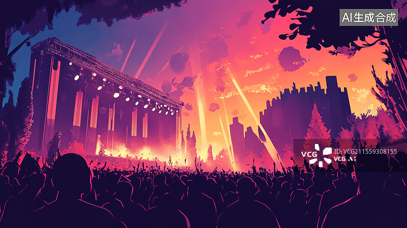 【AI数字艺术】音乐节舞台灯光和台下观众图片素材