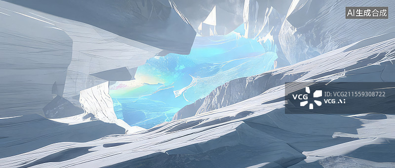 【AI数字艺术】钛白破碎场 珍珠白冰原裂缝天蓝冷光3D渲染科幻概念壁纸图片素材