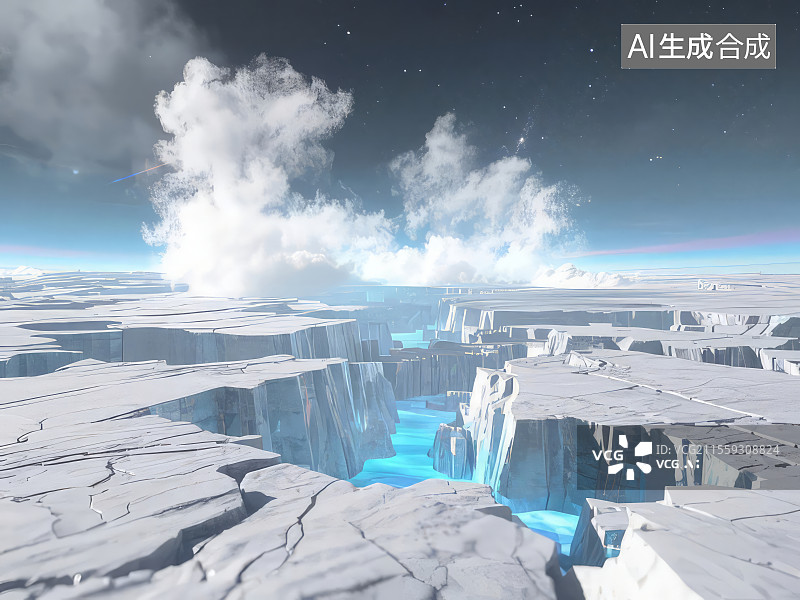 【AI数字艺术】钛白破碎场 珍珠白冰原裂缝天蓝冷光3D渲染科幻概念壁纸图片素材