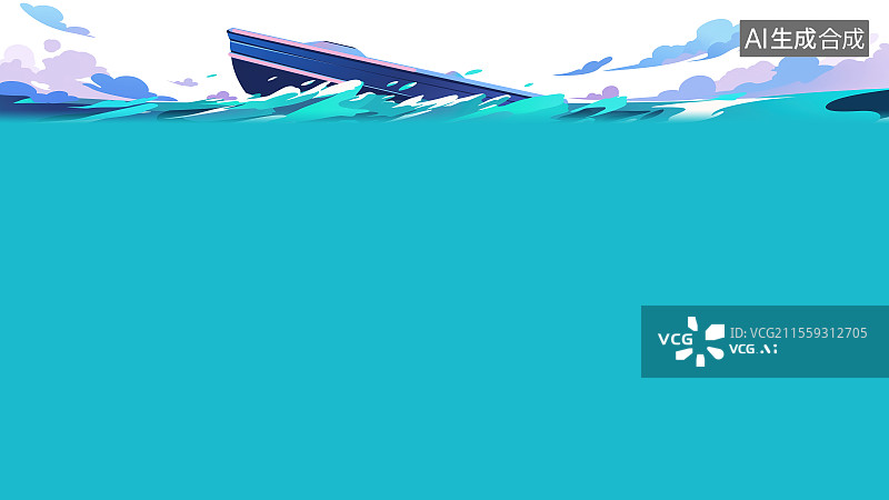 【AI数字艺术】2D卡通居上背景趣味扁平元素，游艇快艇船海上航行溅起船尾波浪海洋海水海浪浪花儿童绘本插图花边边框角图图片素材
