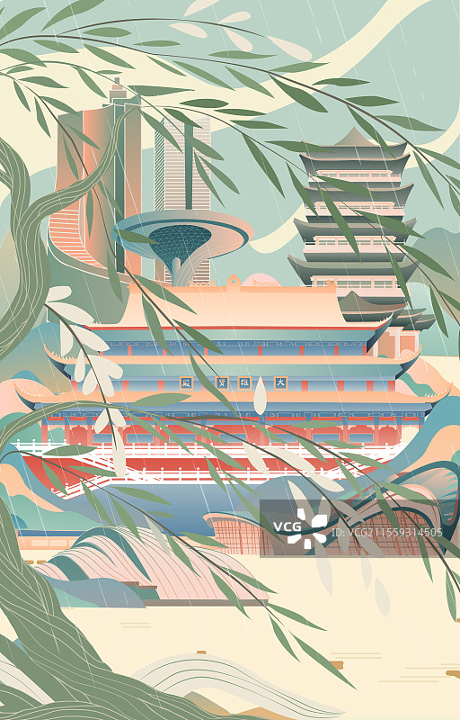 合肥二十四节气立春春分清明城市建筑插画图片素材