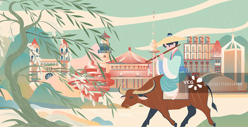 青岛二十四节气立春春分清明城市建筑插画图片素材