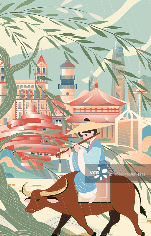 青岛二十四节气立春春分清明城市建筑插画图片素材