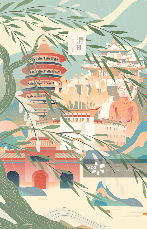 洛阳二十四节气立春春分清明城市建筑插画图片素材