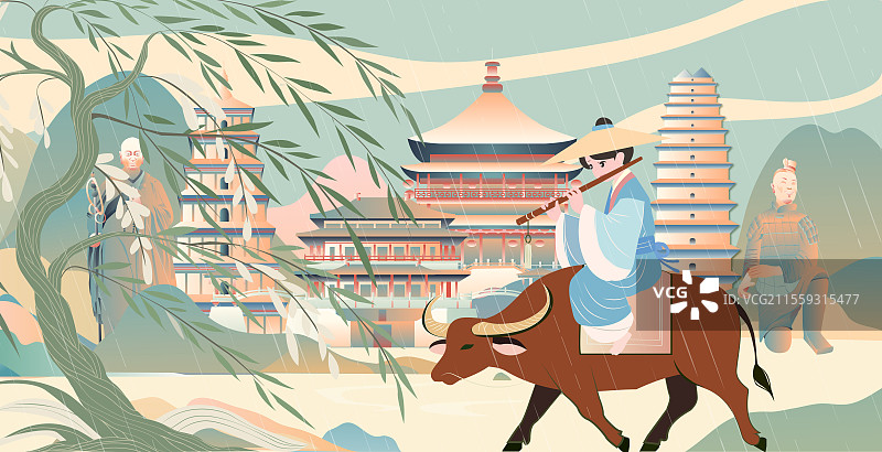 西安二十四节气立春春分清明城市建筑插画图片素材