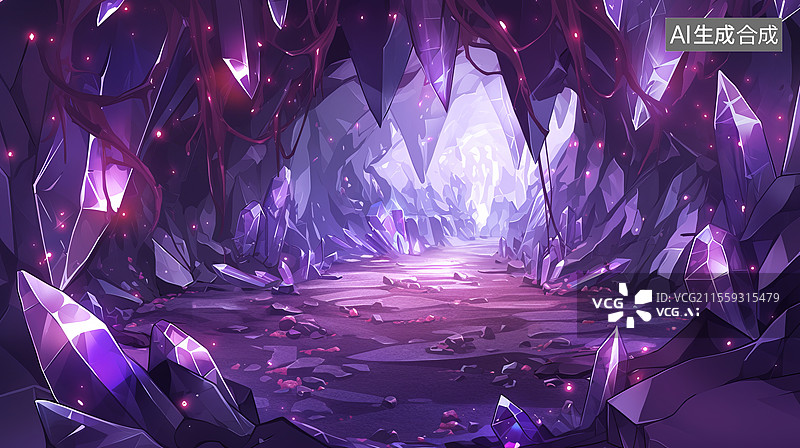 【AI数字艺术】夜晚紫色水晶山洞风景图片素材