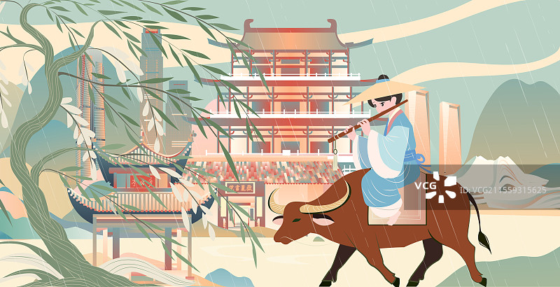 长沙二十四节气立春春分清明城市建筑插画图片素材