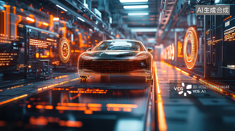 【AI数字艺术】未来科技汽车数字化生产线上发光的汽车图片素材
