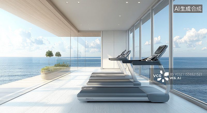 【AI数字艺术】海景健身房跑步机场景图片素材