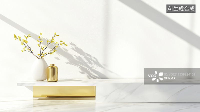 【AI数字艺术】3D高级感大理石台面产品展台光影金属静物植物野花室内极简商务时尚白色金色人造空间放松沙龙清新装饰背景图片素材