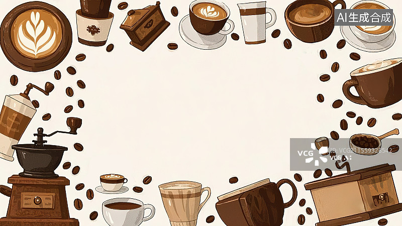 【AI数字艺术】2D卡通最大背景趣味扁平元素，手冲咖啡豆手磨咖啡机器水壶陶瓷马克杯子水杯工作日提神醒脑下午茶广告包装图片素材