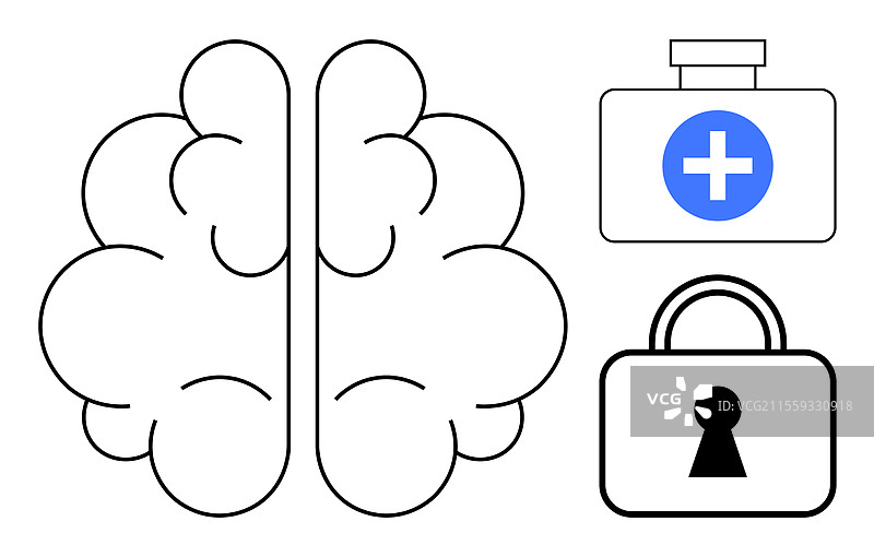 带有医疗包和锁的脑部，象征心理健康图片素材