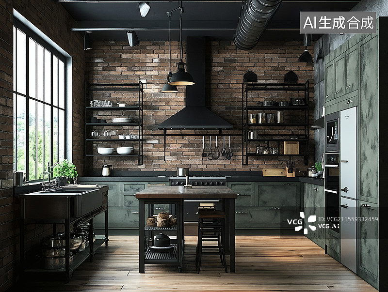 【AI数字艺术】工业风格厨房设计图片素材