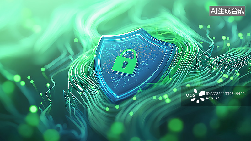 【AI数字艺术】锁盾牌于科技感线条中，象征为数字世界构建网络安全防护屏障。图片素材