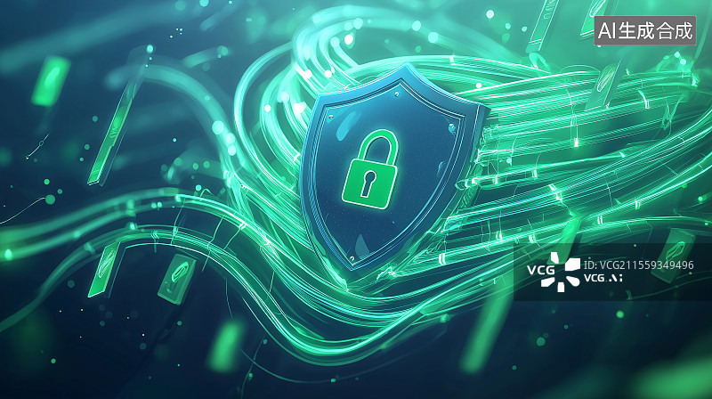 【AI数字艺术】锁盾牌于科技感线条中，象征为数字世界构建网络安全防护屏障。图片素材