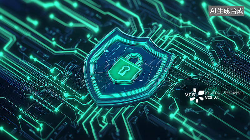 【AI数字艺术】锁盾牌于科技感线条中，象征为数字世界构建网络安全防护屏障。图片素材