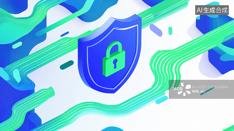 【AI数字艺术】锁盾牌于科技感线条中，象征为数字世界构建网络安全防护屏障。图片素材