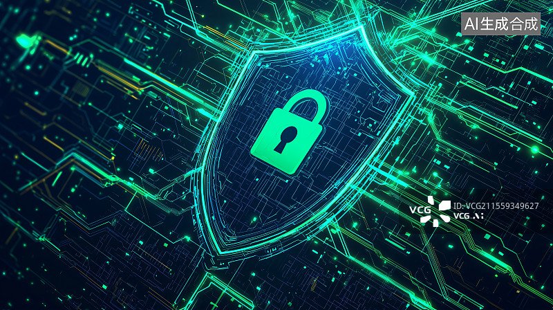 【AI数字艺术】锁盾牌于科技感线条中，象征为数字世界构建网络安全防护屏障。图片素材