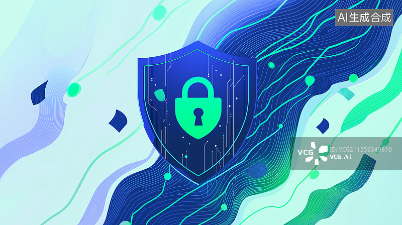 【AI数字艺术】锁盾牌于科技感线条中，象征为数字世界构建网络安全防护屏障。图片素材