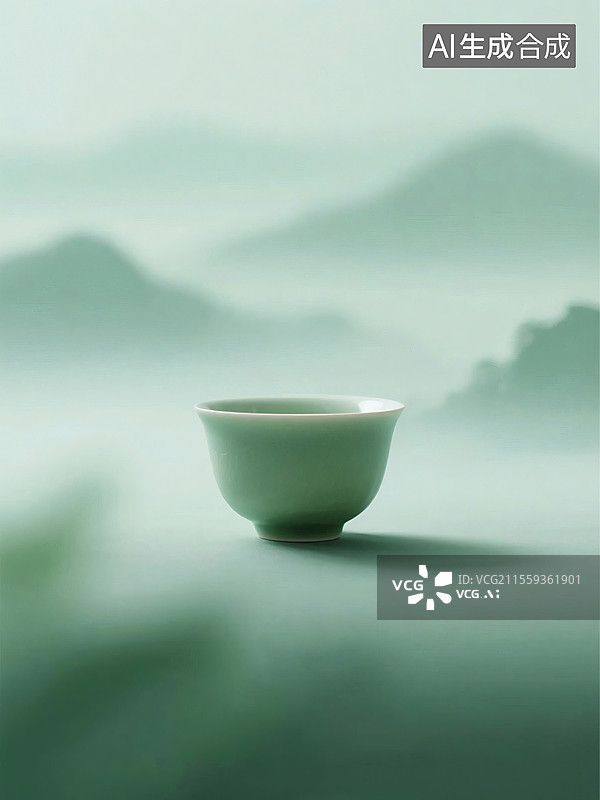 【AI数字艺术】静谧茶香绿意盎然茶碗图片素材