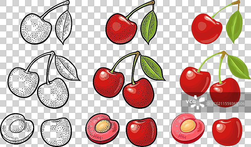 整颗和半颗樱桃浆果带叶子图片素材