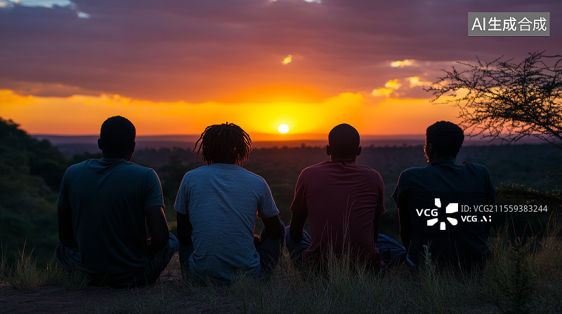 【AI数字艺术】青年静坐山顶共赏日落黄昏的温情瞬间图片素材