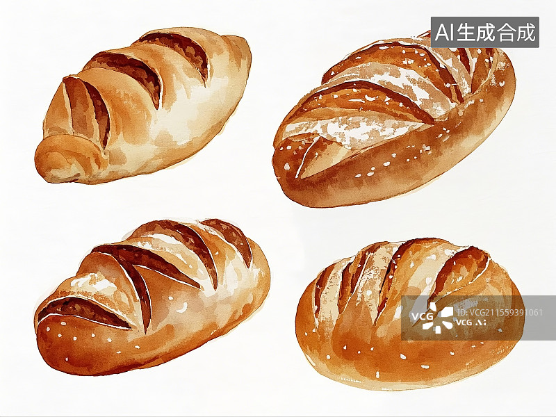 【AI数字艺术】法式长棍面包 全麦面包 乡村面包 甜品 烘焙 美食 插画图片素材
