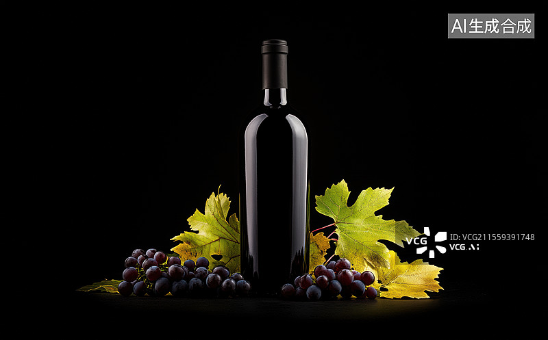 【AI数字艺术】一组红酒和葡萄的组合。两瓶红酒和两个装有红酒的酒杯放在深色木质桌面上，图片素材
