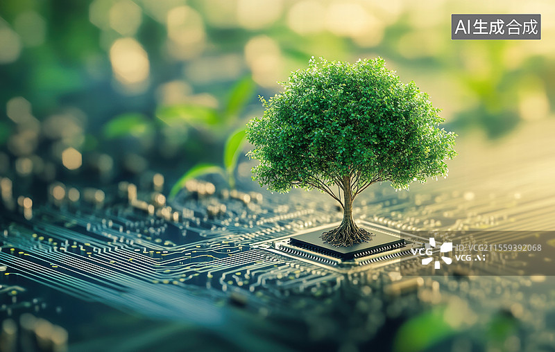 【AI数字艺术】一棵生长在电路板上的树，背景是模糊的绿色植物和柔和的光线。图片素材