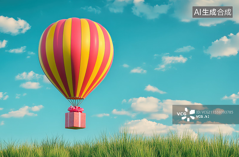【AI数字艺术】草原草坪草地上空悬浮飘起的热气球图片素材